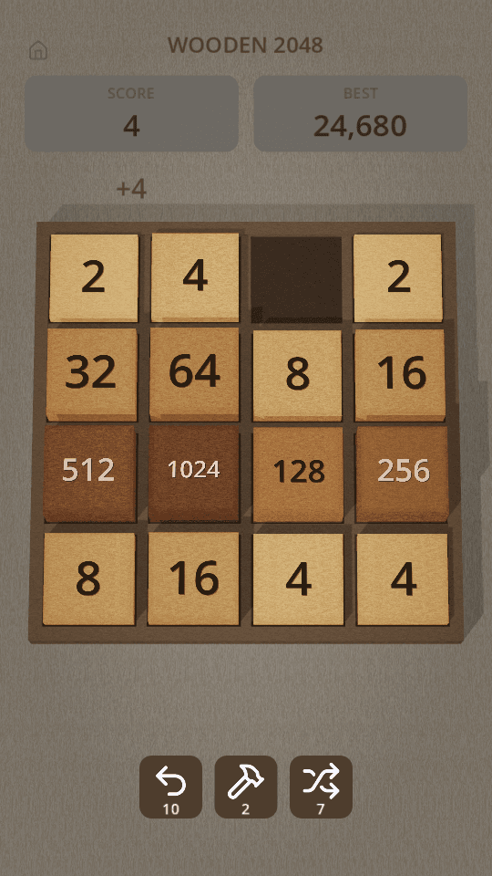 Wooden 2048 tiles merging on the board